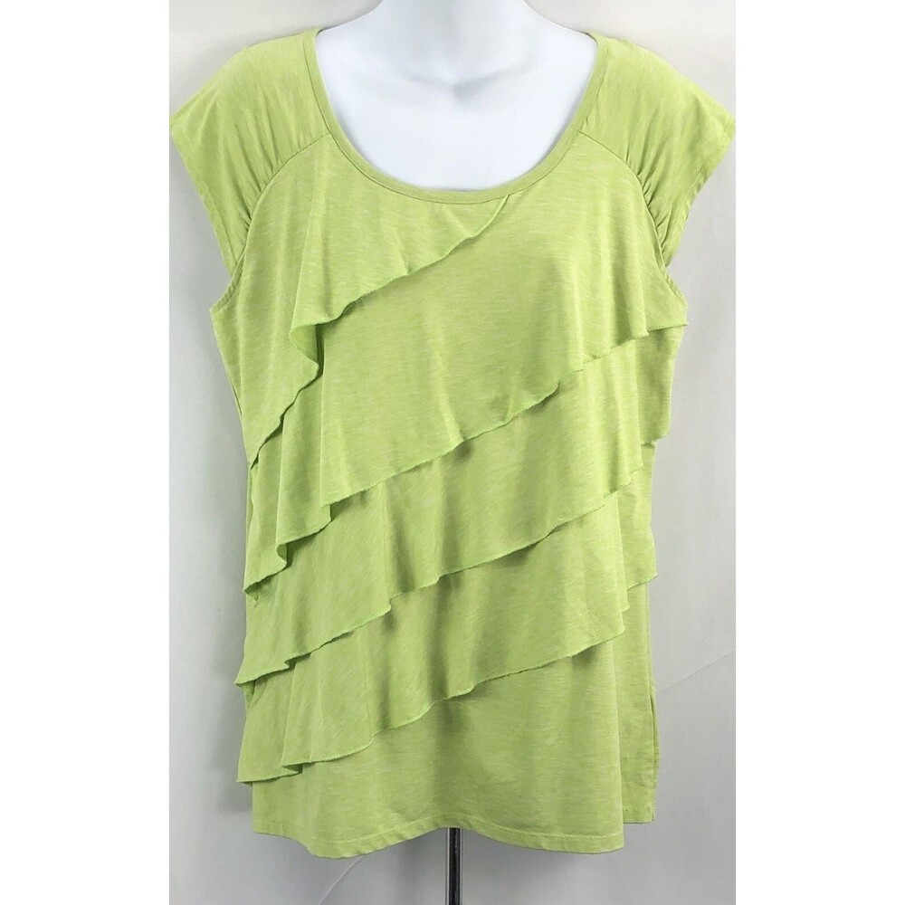 Rafaella Layered Ruffles Top L Jrs Green Lime Scoop Neck Cap Short Sleeves